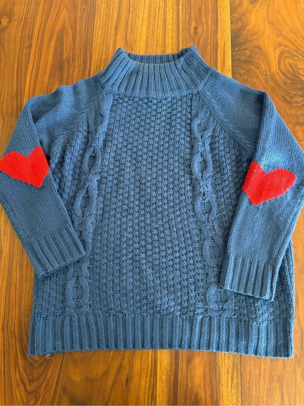 Love & Harmony Womens Blue Red Hearts Acrylic Cable Knit Fisherman Sweater Large